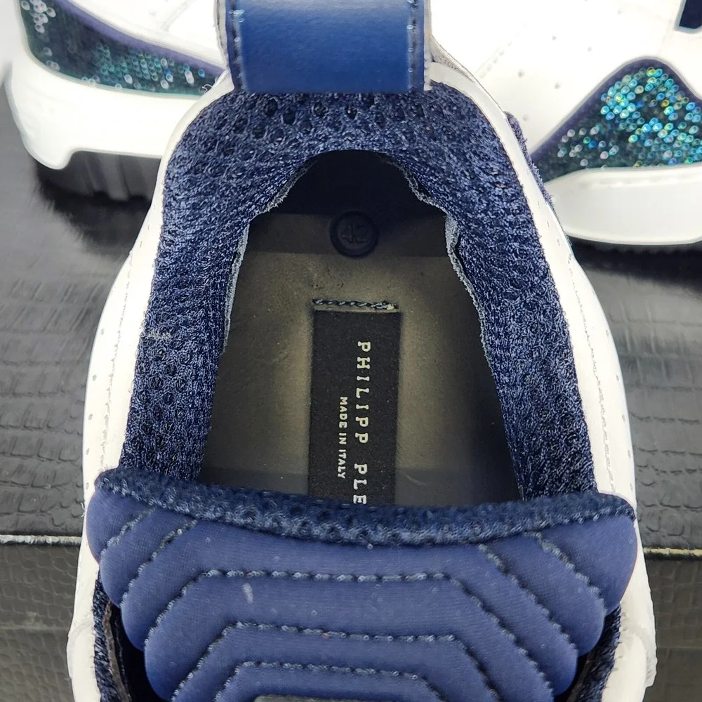 Philipp Plein Mix Leather Lo-Top Sneakers Mens Size 9 White Dark Blue Crystal